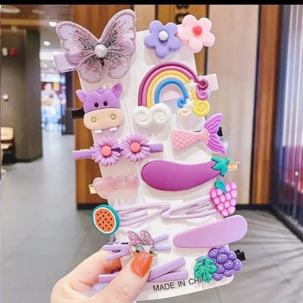 New 14 pcs Little Girls Princess Hairpins Bangs Clip Set Lovely Hair Acc. Purple